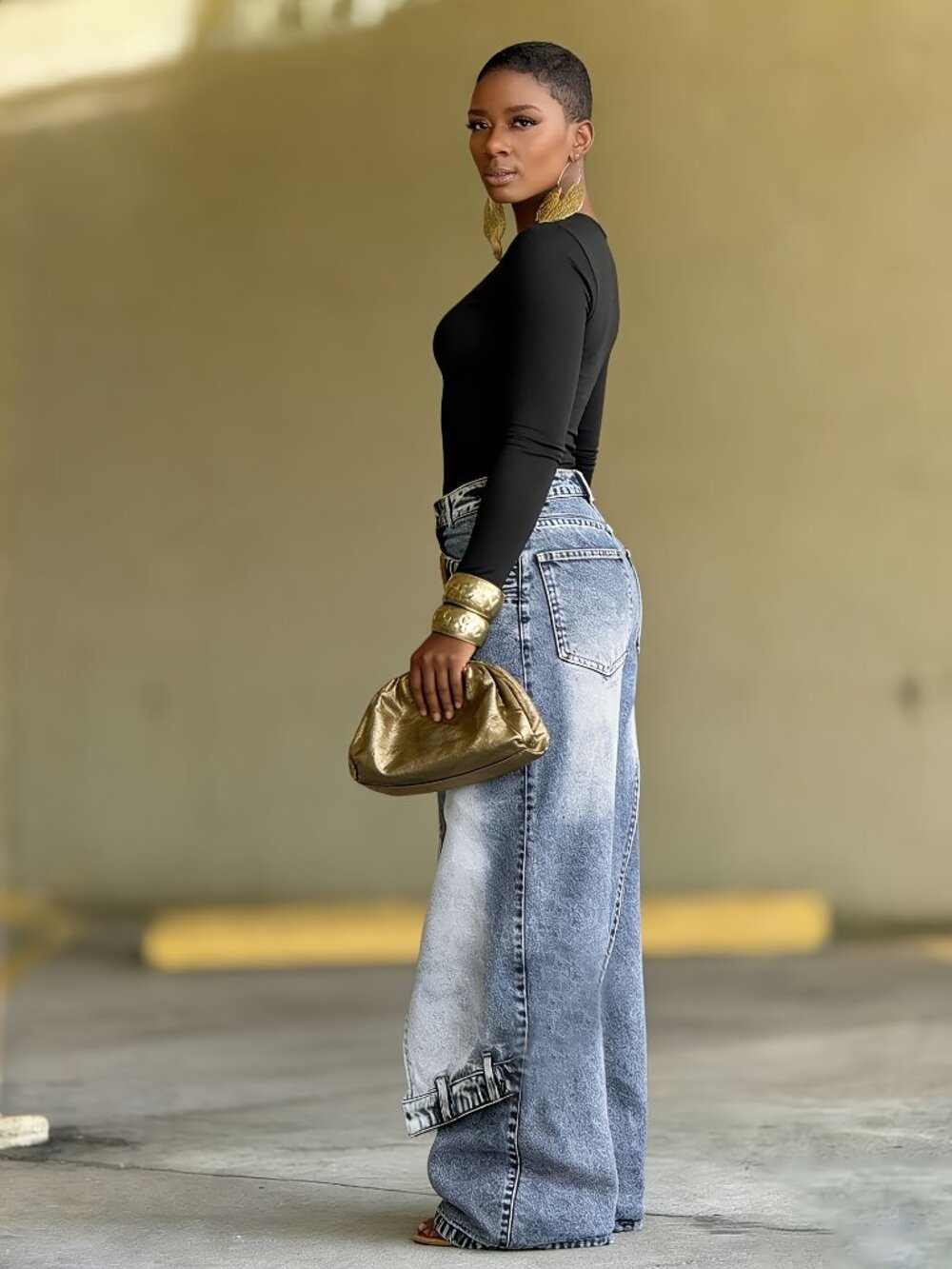Asymmetrical High Rise Wide Leg Baggy Jeans Washed Denim - Picture 5 of 7
